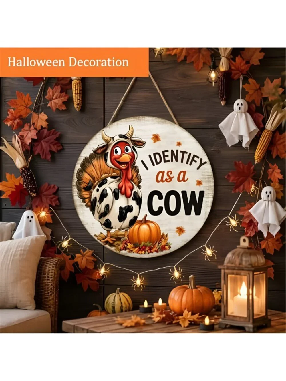 Thanksgiving Turkey Decorations Door Sign for Home, I Identify as a Cow